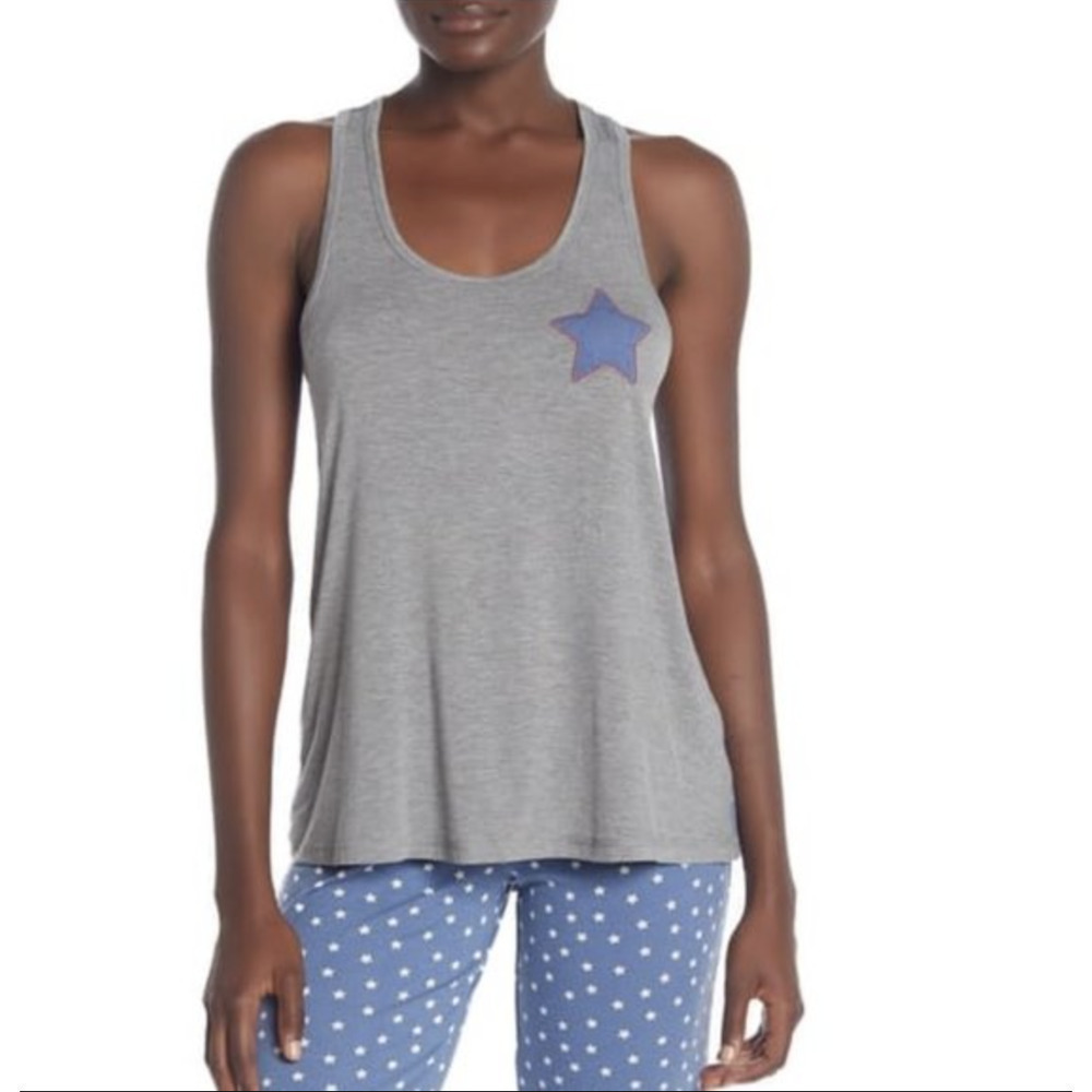 NWOT PJ Salvaje Gray Pajama Racerback Tank Top with Blue Star Back • Size S 🗣